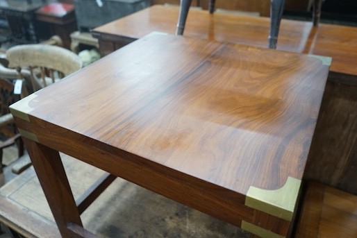 A military style brass mounted square walnut low table width 61, height 51 cms.